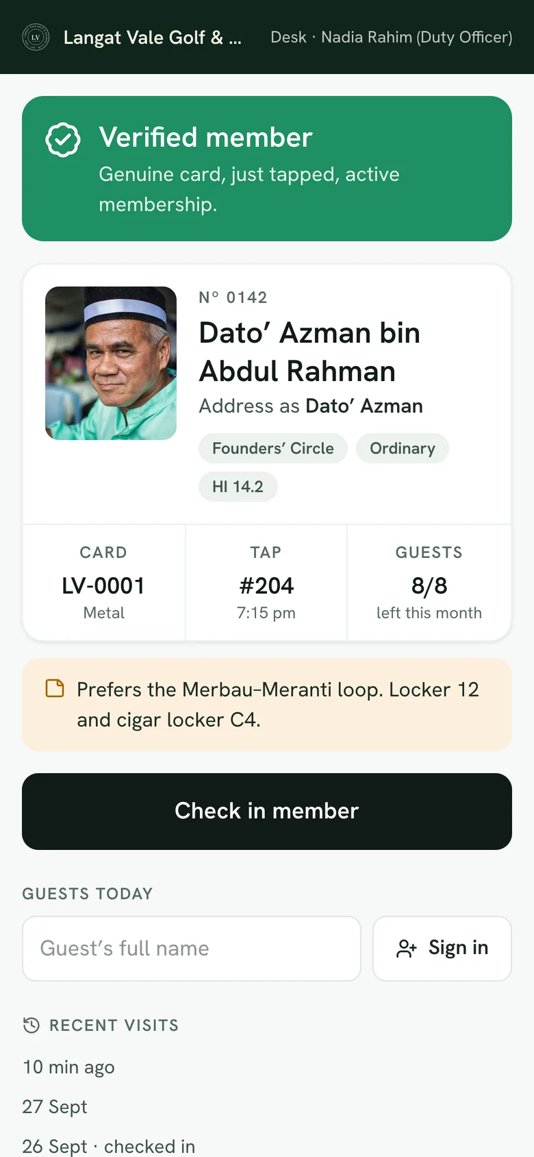 The desk verification screen: verified member, photo, tier and guests