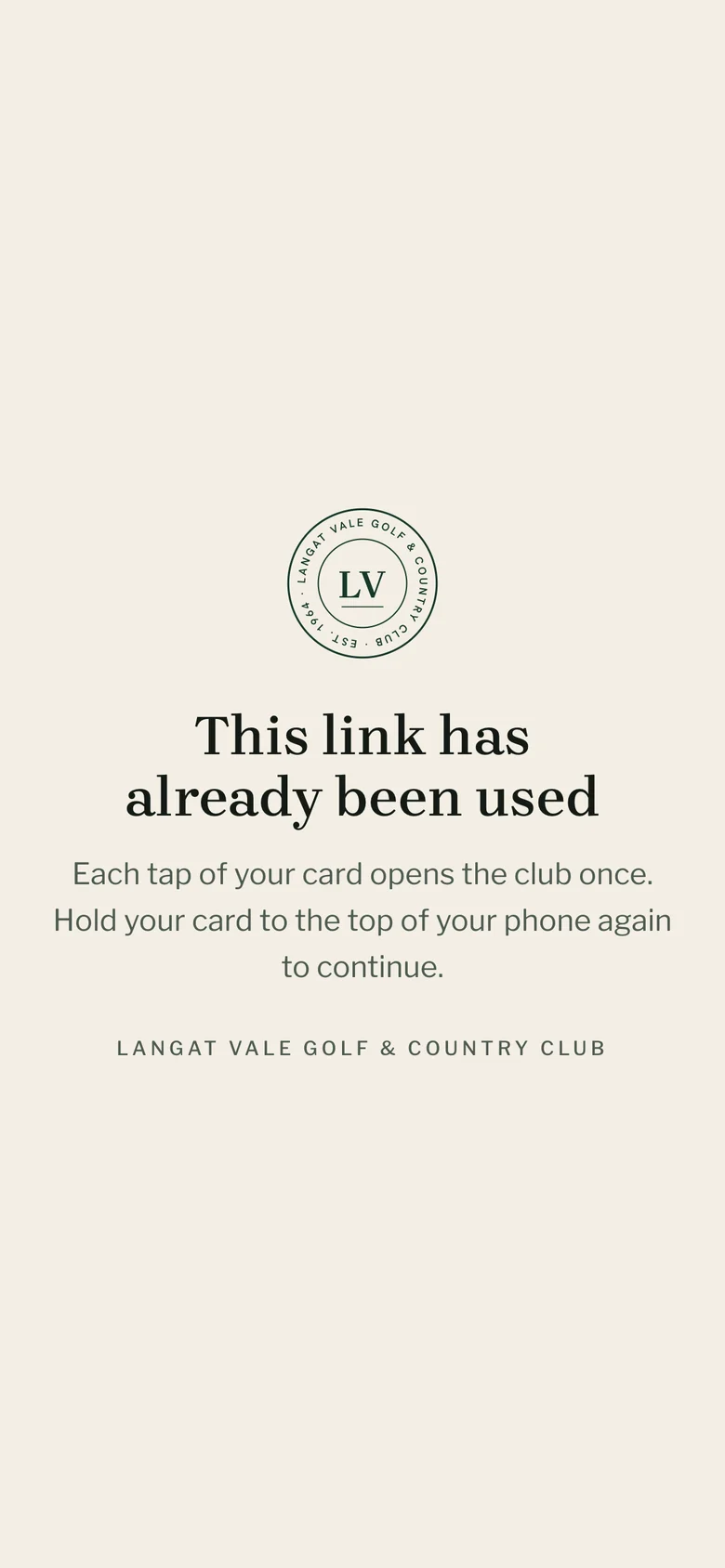 The screen shown when an old tap link is opened again